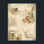 Elegant Rustic Vintage jul Woodland Collage Helg Vykort<br><div class="desc">Vinterskog med skog med stor rustik vintage och med graverad stuga,  gräs,  text,  skript,  vykortsgrafik och söta kapningsrobiner på åldras med svår sepiatbakgrund.</div>