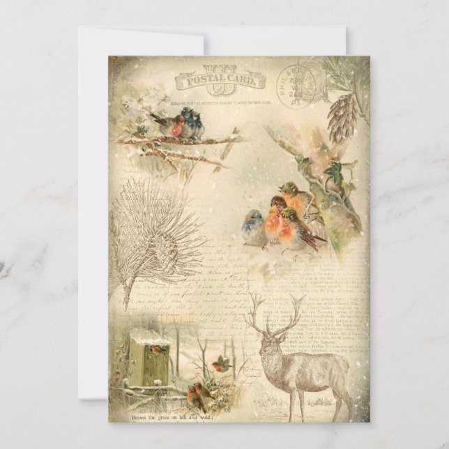 Elegant Rustic Vintage jul Woodland Collage Julkort (Framsida)