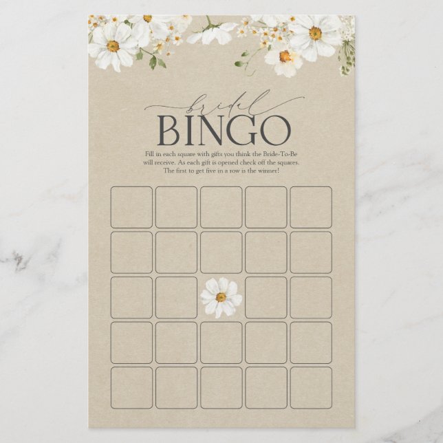 Elegant Rustic Watercolor Daisy Möhippa Bingo Game (Framsida)