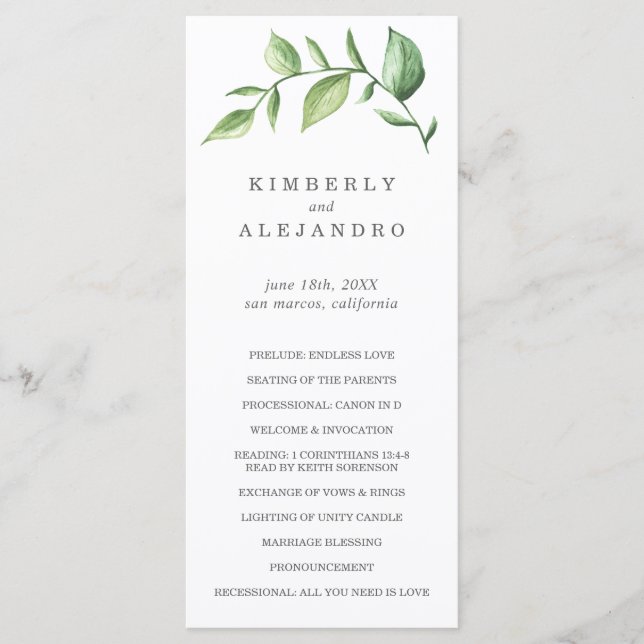 Elegant Rustic Watercolor Greenery Bröllop Program (Framsida)