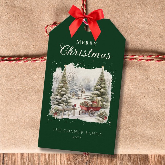 Elegant Rustic Watercolor Julgranar Presentetikett (Skapare uppladdad)