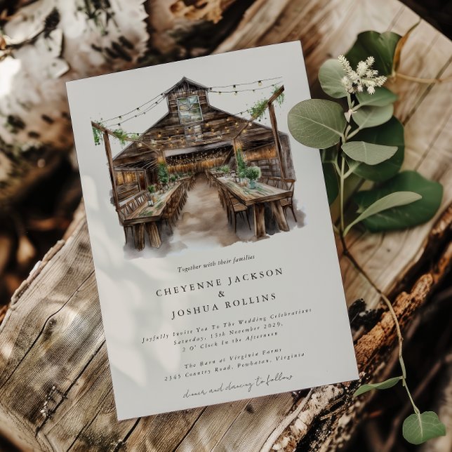 Elegant Rustic Watercolor Land Barn Bröllop Inbjudningar (Elegant Rustic Barn Wedding Invitation )
