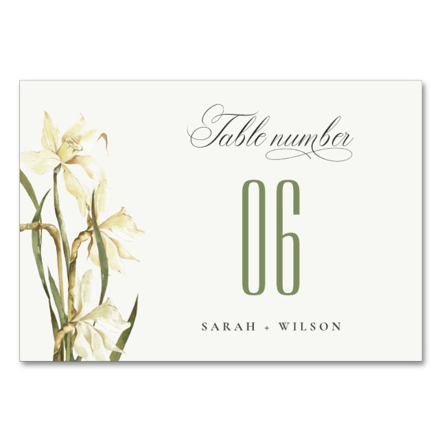 Elegant Rustic Watercolor White Daffodil Bröllop Bordsnummer (Framsidan)