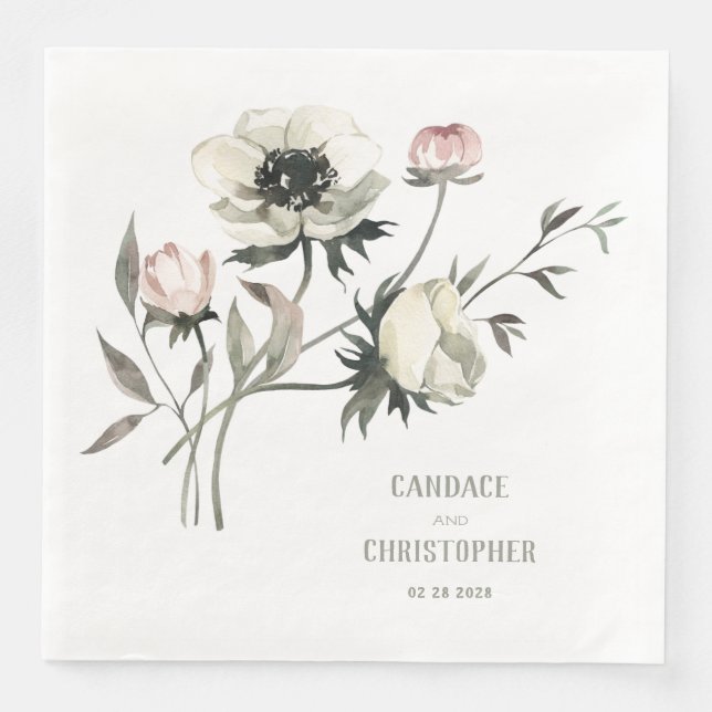 Elegant Rustic White Anemones Blommigt Pappersservett (Framsida)