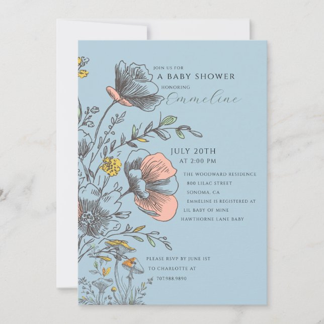 Elegant Rustic Wildflower Blue Baby Shower  Inbjudningar (Framsida)
