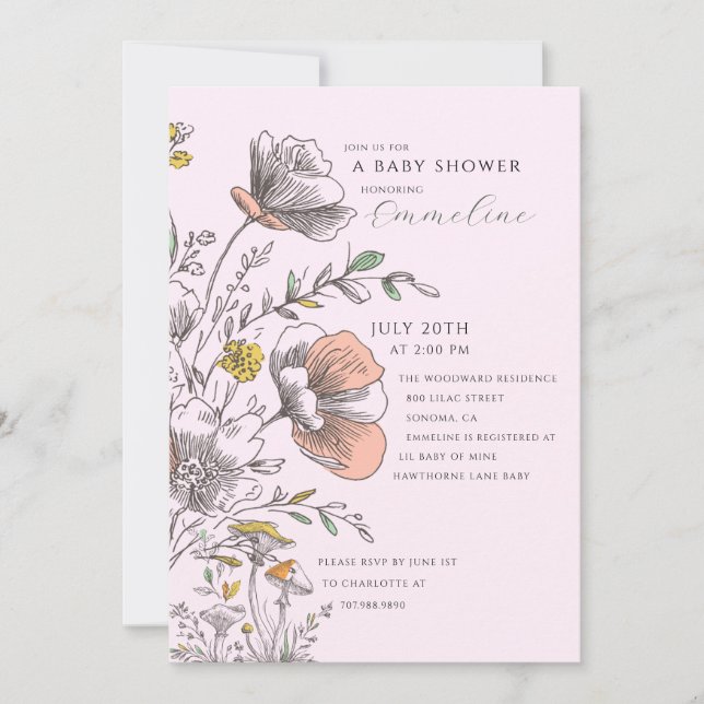 Elegant Rustic Wildflower Pink Baby Shower  Inbjudningar (Framsida)