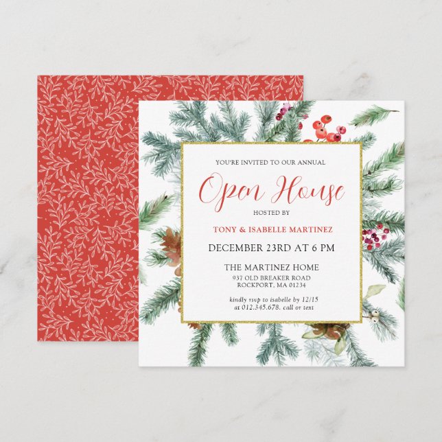 Elegant Rustic Winter Botanical Open House Inbjudningar (Fram/baksida)