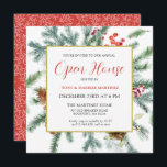 Elegant Rustic Winter Botanical Open House Inbjudningar<br><div class="desc">Den här kvadratiska DIY-mallen har en guld ram som är dekorerad med gräs grenar,  röda bär och gräs-koner. Mycket tomt utrymme ge är en öppen och elegant känsla.</div>