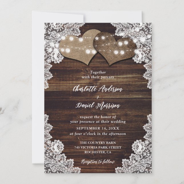 Elegant Rustic Wood Blommigt Snöre Ljus Bröllop Inbjudningar (Framsida)