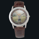 Elegant Rustic Wood Custom Name Photo Armbandsur<br><div class="desc">Perfekten är en bra gåva för det bästa pappa någonsin! Den här roliga moderna klockan har ett favoritfoto tillsammans med personligen namn på en mörk brun träpanelbakgrund.</div>