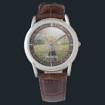 Elegant Rustic Wood Custom Name Photo Armbandsur<br><div class="desc">Perfekten är en bra gåva för det bästa pappa någonsin! Den här roliga moderna klockan har ett favoritfoto tillsammans med personligen namn på en mörk brun träpanelbakgrund.</div>