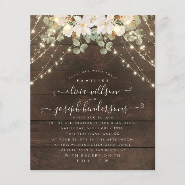 Elegant Rustic Wood Florales Ljus String bröllop Flygblad (Framsidan)
