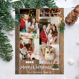 Elegant Rustic Wood jul-familjens fotokollage Julkort