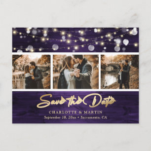 Elegant Rustic Wood Lila Gold Foil Bröllop Photo Meddelande Vykort