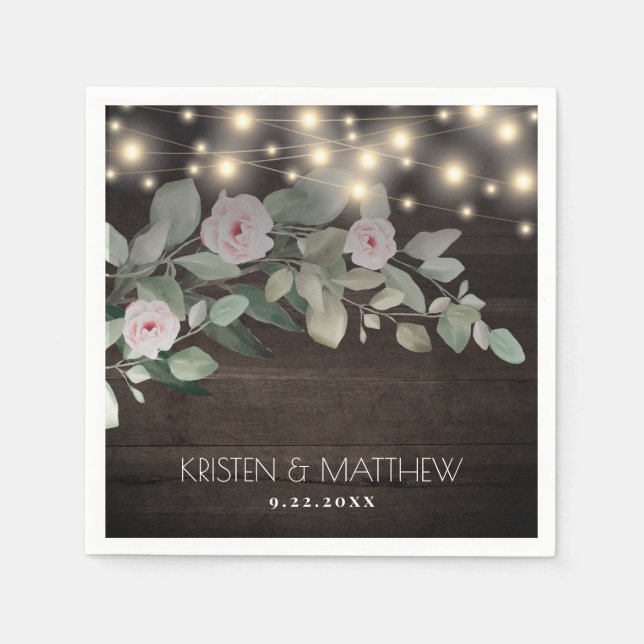Elegant Rustic Wood Ljus Boho Greenery Bröllop Pappersservett (Framsidan)