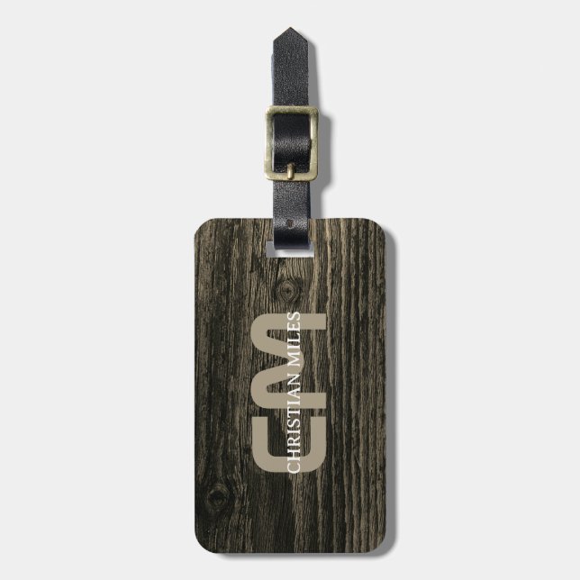 Elegant Rustic Wood monogrammed Personligen Namn Bagagebricka (Vertikal Framsida)