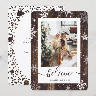 Elegant Rustic Wood Photo Snowflake Julkort