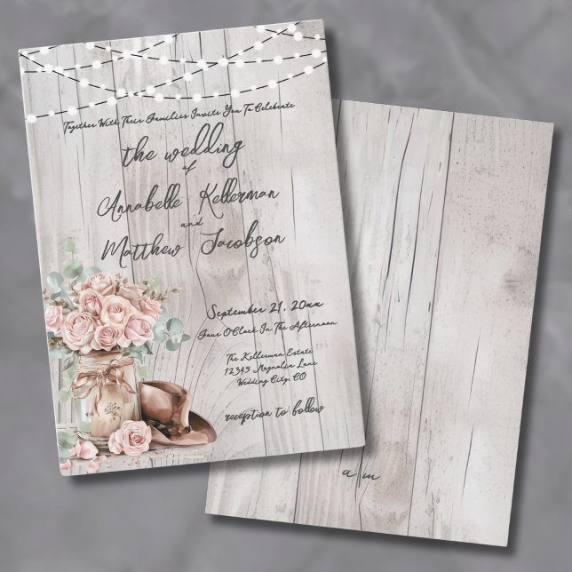 Elegant Rustic Wood Ro Landsbyggsbröllop Inbjudningar (Elegant Rustic Wood Roses Country Wedding Invitation)
