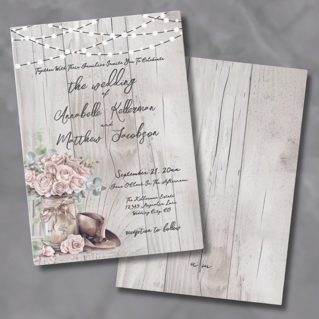Elegant Rustic Wood String Westernt Landsbyggsbröl Inbjudningar (Elegant Rustic Wood String Lights Country Wedding Invitation)