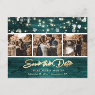 Elegant Rustic Wood Teal Gold Foil Bröllop Photo Meddelande Vykort