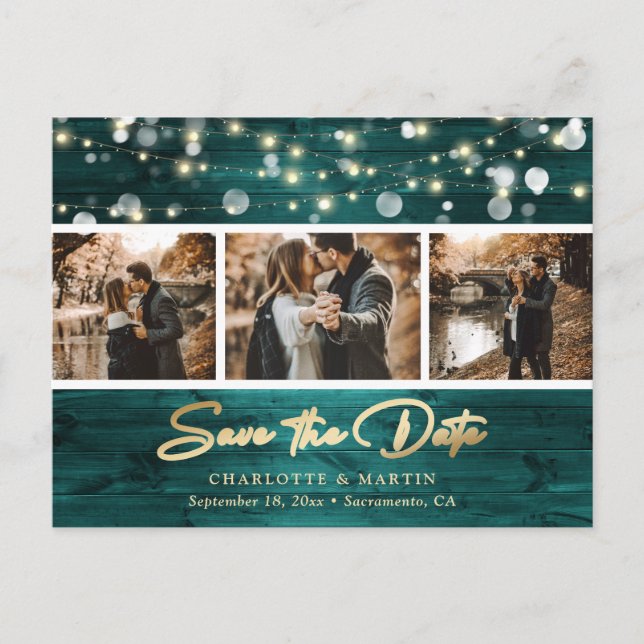 Elegant Rustic Wood Teal Gold Foil Bröllop Photo Meddelande Vykort (Framsida)