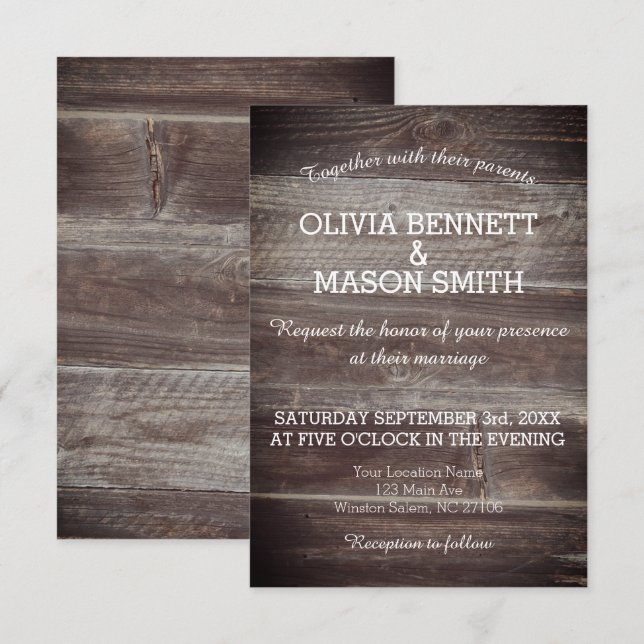 Elegant Rustic Wood textured Bröllop Card Inbjudningar (Fram/baksida)