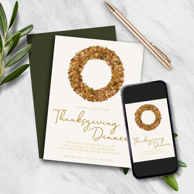 Elegant Rustig Thanksgiving Utandning Gold Foil Inbjudningar (Elegant Rustic Thanksgiving Fall Wreath Gold Foil Invitation)