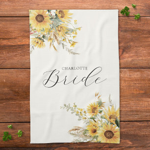 Elegant Rustik Akvarell Solros Brudblomma Kökshandduk