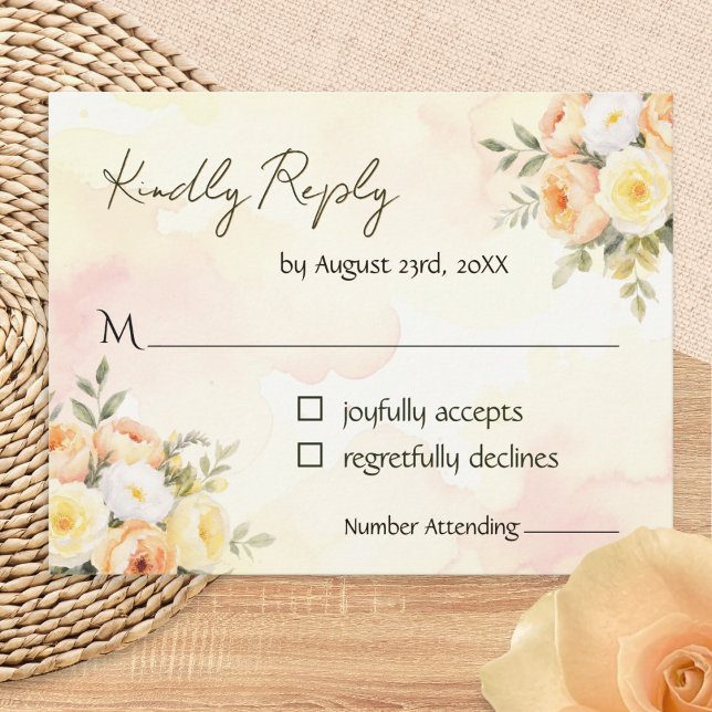 Elegant Rustik Akvarell Vacker Blommig Bröllop OSA Kort (A stylish RSVP card for wedding replies, with peach, yellow and white watercolor-style roses)