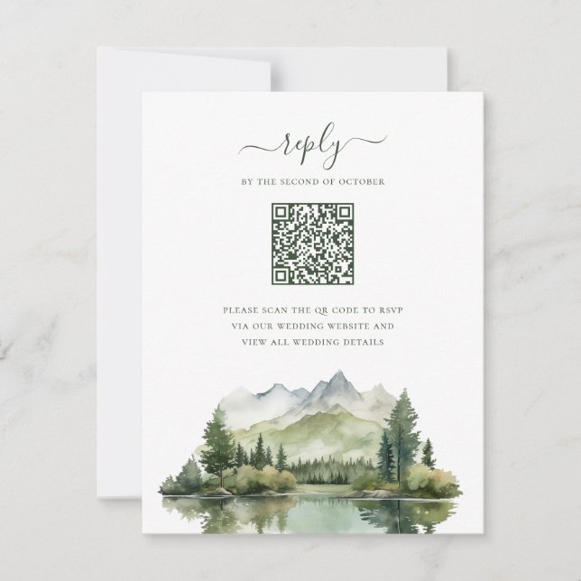 Elegant Rustik Bergslandskap QR-kod Bröllop OSA Kort (Framsida)