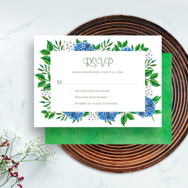 Elegant Rustik Blå Hydrangea Vattenfärg RSVP-kort Inbjudningar (Front / Back)