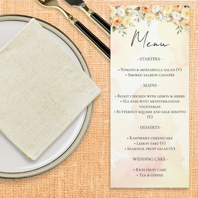Elegant Rustik Blommig Akvarell Bröllopsmeny Meny (A customizable wedding menu card, with peach, yellow and white roses in a watercolor style)