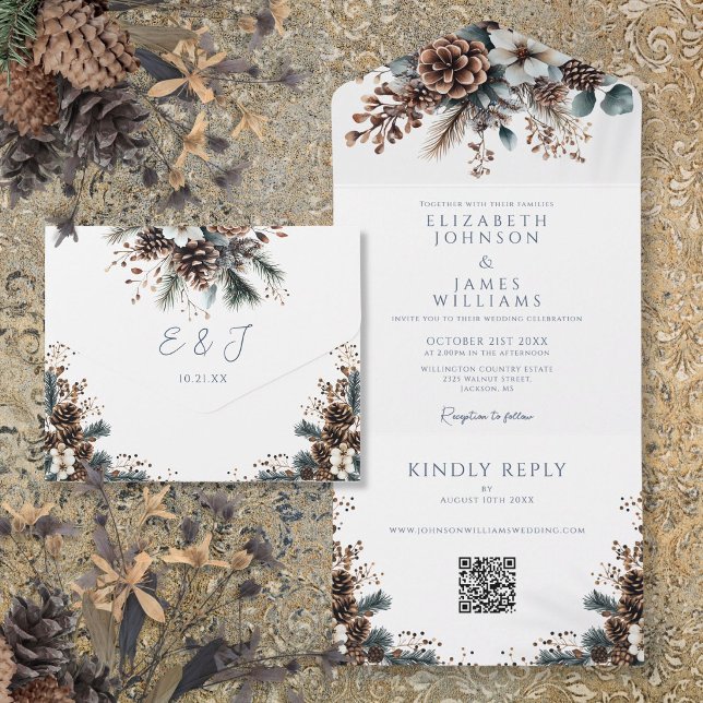 Elegant Rustik Blommig Tallkotte QR-kod Bröllop (Elegant Rustic Floral Pinecone QR Code Wedding All In One Invitation)