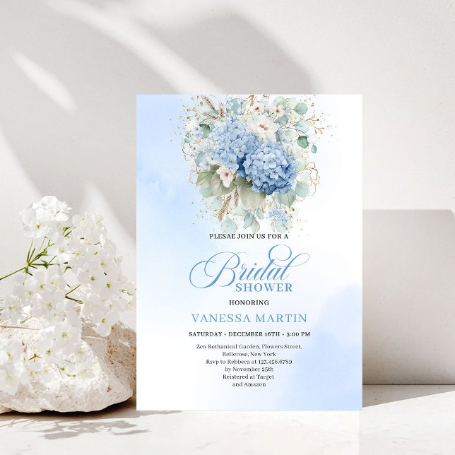 Elegant Rustik Boho Blå Hortensia Bröllopsfestinbj Inbjudningar (Rustic Bohemian Blue Hydrangeas Bridal Shower Invitation)