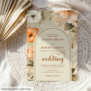 Elegant Rustik Boho Koppar Beige Oliv Blommig Bröl Inbjudningar