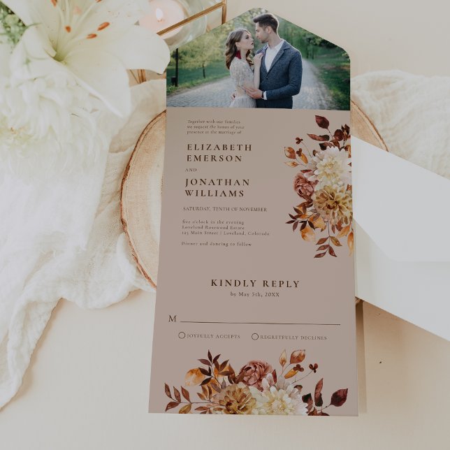 Elegant Rustik Bröllop (Elegant Rustic Fall Floral Photo Wedding All In One Invitation by Painted Paperie
)