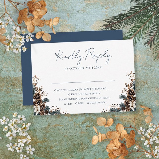 Elegant Rustik Bröllops Blommor Tallkottar OSA Kort (Elegant Rustic Floral Pinecones Wedding RSVP Card)