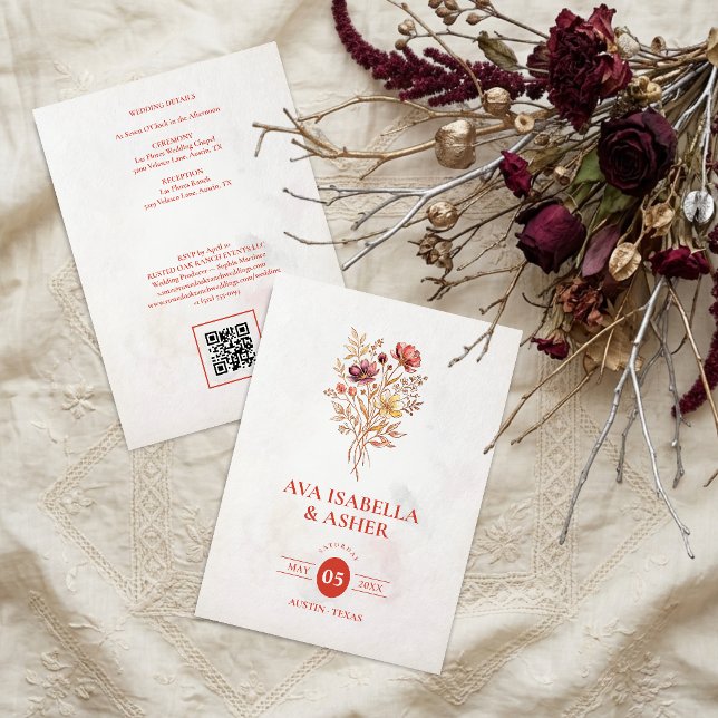 Elegant Rustik Bukett med Vildblommor Bröllop QR T Inbjudningar (Chic Rustic Wedding Invitation Featuring a Vibrant Multicolored Wildflowers Bouquet.)