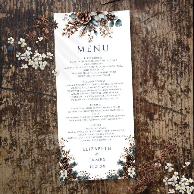 Elegant Rustik Floral Skog Tallkottar Bröllop Meny (Elegant Rustic Forest Floral Pinecones Wedding Menu)