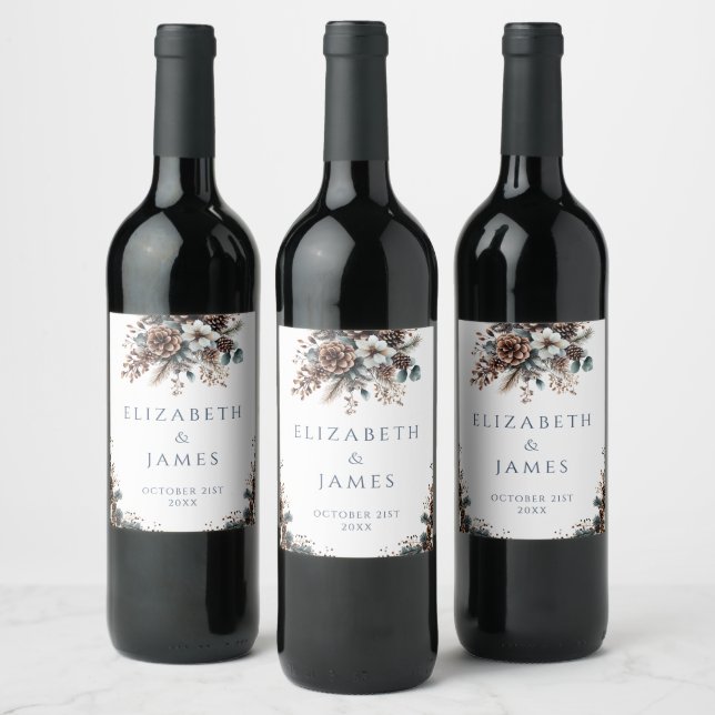 Elegant Rustik Floral Skog Tallkottar Bröllop Vinflaska Etikett (Flaskor)