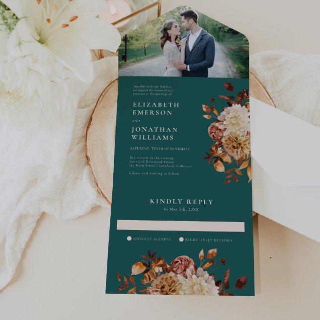 Elegant Rustik Fotobryllop (Elegant Rustic Teal Floral Photo Wedding All In One Invitation by Painted Paperie
)