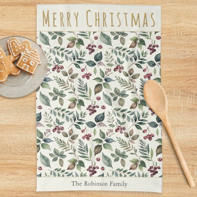 Elegant Rustik Grönska Personlig Jul Kökshandduk (A festive kitchen towel with 'Merry Christmas' greeting, greenery, red berries and custom text)