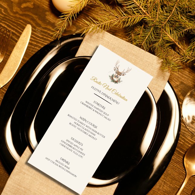 Elegant Rustik Juldagsmeny Kort (Rustic Noel Christmas menu card — rustic elegance with a grand reindeer. Customizable.)