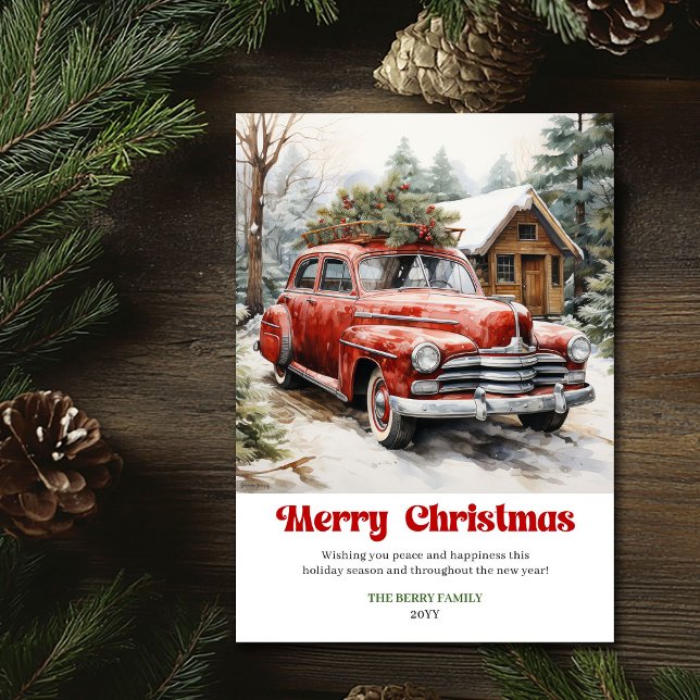 Elegant rustik julscen röd bil hälsning julkort (Elegant rustic Christmas scene red car greeting)