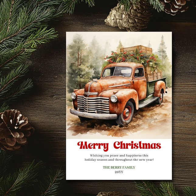 Elegant rustik julscen röd lastbil hälsning julkort (Elegant rustic Christmas scene red truck greeting)