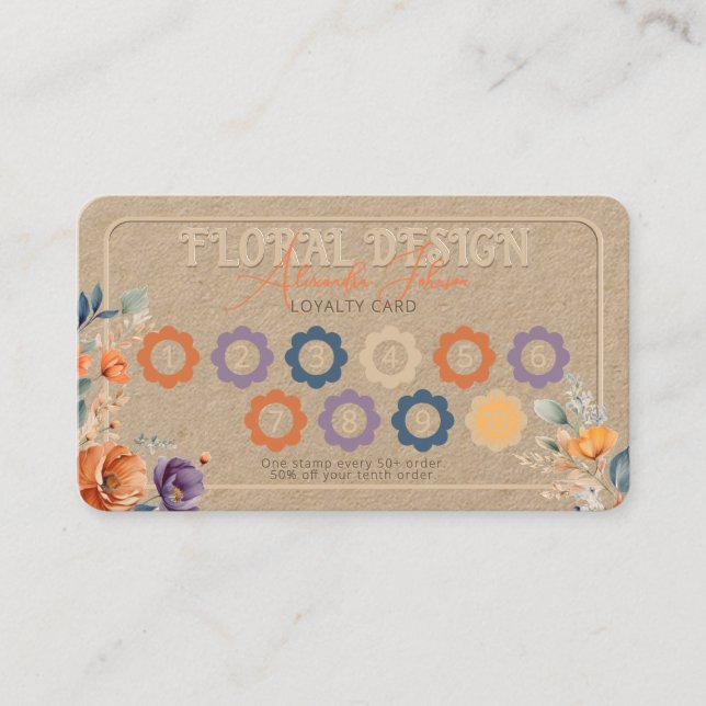 Elegant Rustik Kraft Boho Blommig Design Präglad  Lojalitetskort (Framsida)