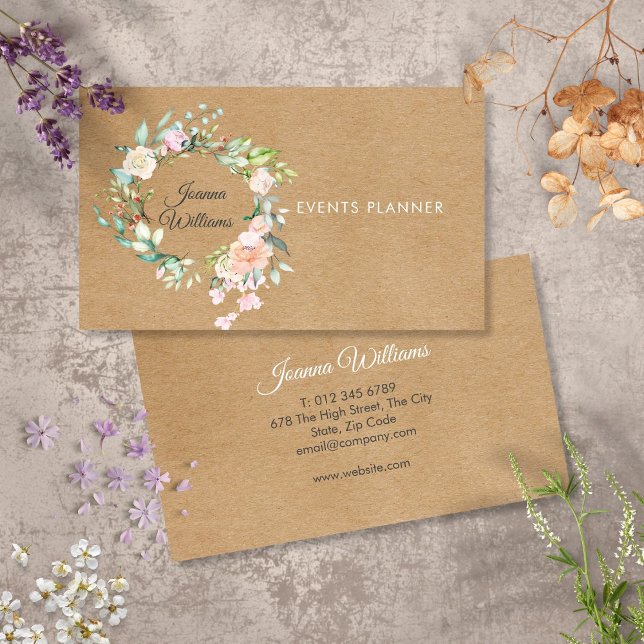 Elegant Rustik Kraft Boho Rosgirlang Blommig  Visitkort (Elegant Rustic Kraft Boho Rose Garland Floral Business Card)