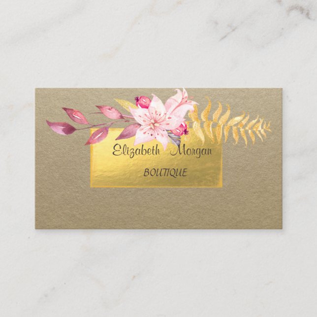 Elegant Rustik, Kraft, Guld, Blomma Visitkort (Framsida)