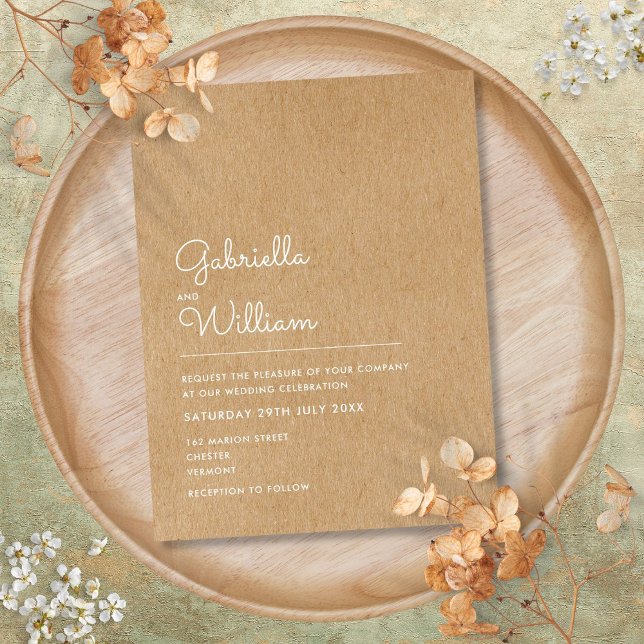 Elegant Rustik Kraft Minimalistisk Bröllop Inbjudan Vykort (Elegant Rustic Kraft Minimalist Wedding Invitation Postcard)