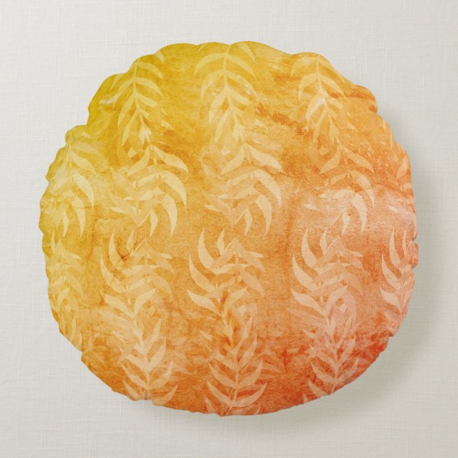 Elegant Rustik Metallisk Färgrik Bladmönster Rund Kudde (Framsidan)